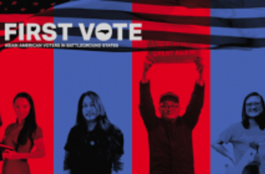 First Vote poster, featuring four Asian Americans on red and blue backgrounds